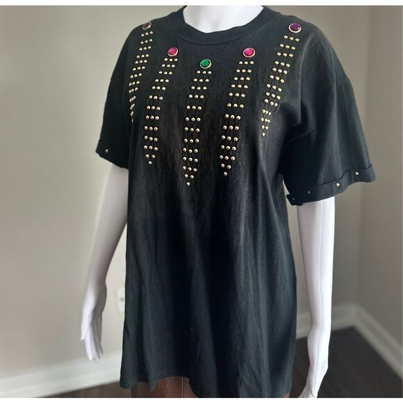 Vintage 80’s/90’s Black Gold Embellished Rhinestone T-Shirt - Picture 1 of 7